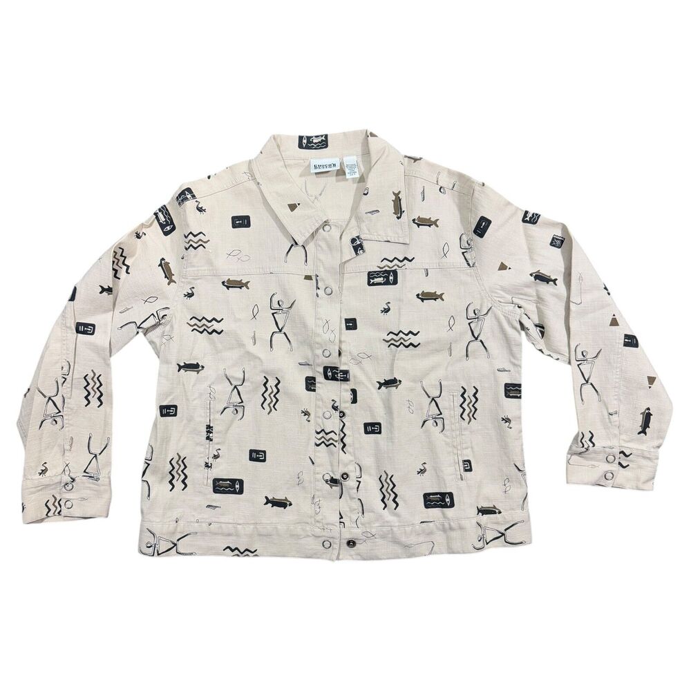 Chico's Jacket Women's XL Ivory Egyptian Hieroglyph Snap Long Sleeve Stretch